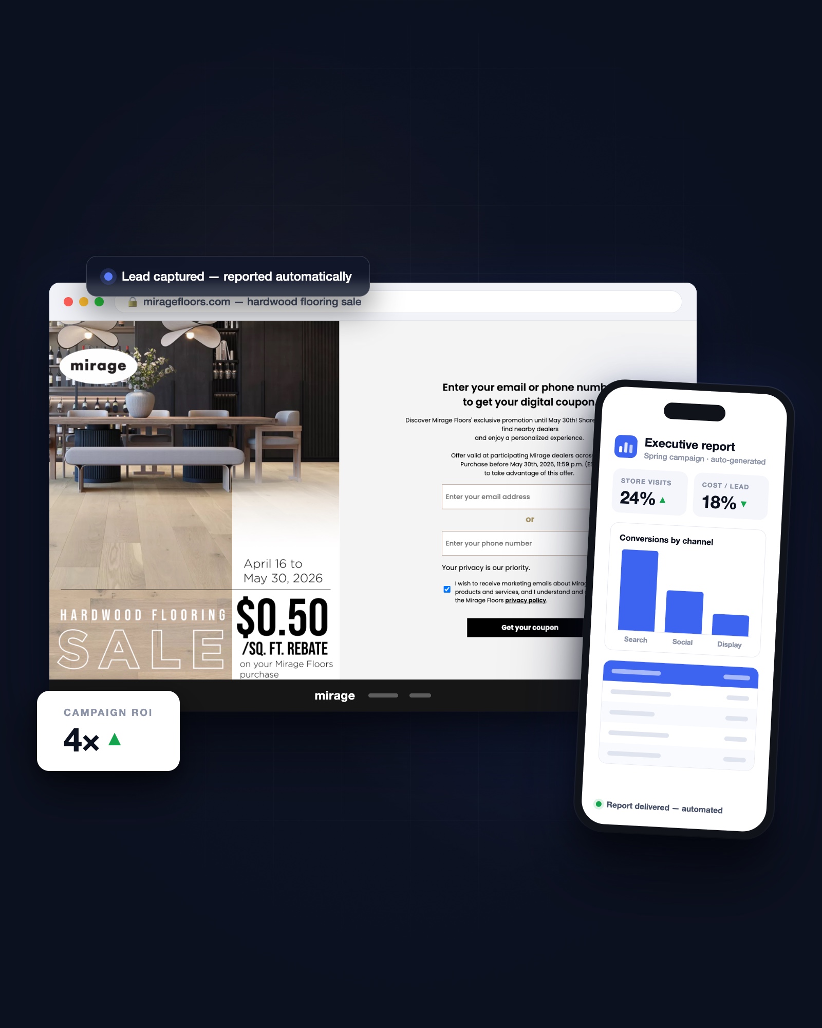 Mirage Floors campaign landing page with automated executive reporting on mobile and 4× campaign ROI